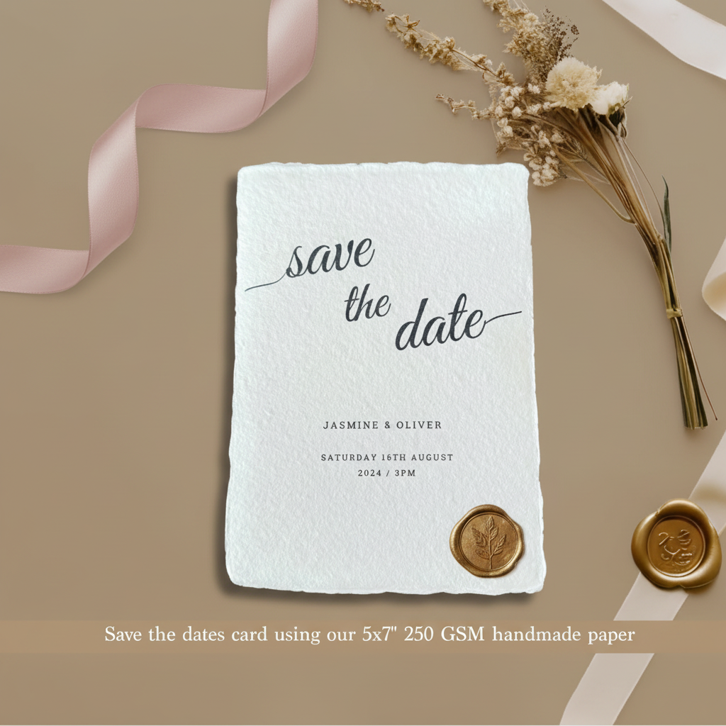 Wedding save the date card printed on white 250 GSM handmade cotton rag paper 5x7 inch with natural deckle edges, styled with blush satin ribbon, dried flowers and gold botanical wax seal on taupe background