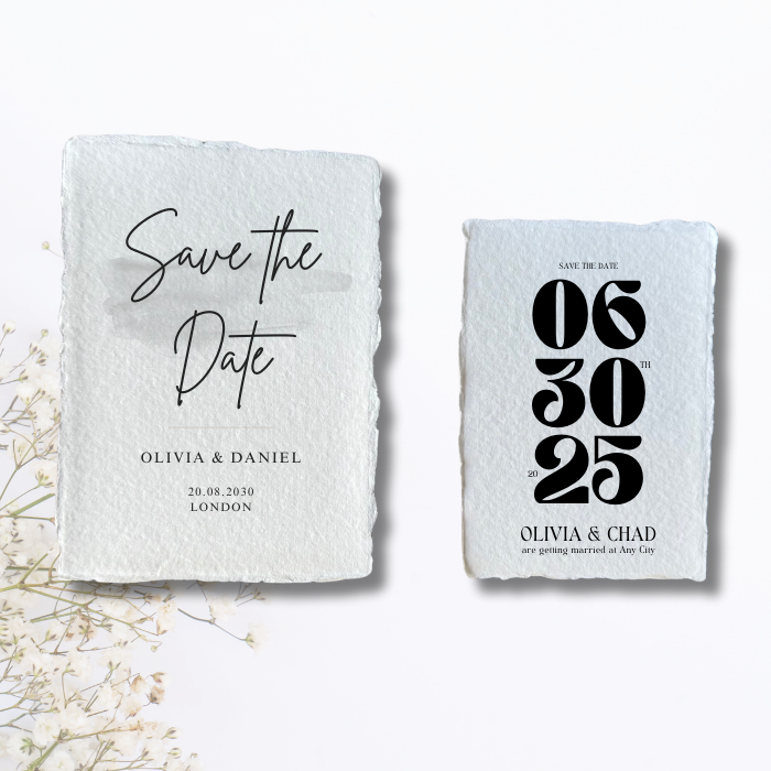 Blue save-the-date card with 'Save the Date' script and Olivia & Daniel details