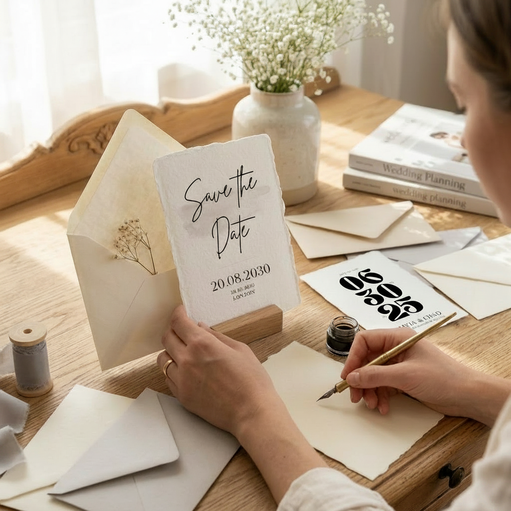 Blue save-the-date card held in hand, 'Save the Date' script and 20.08.2030