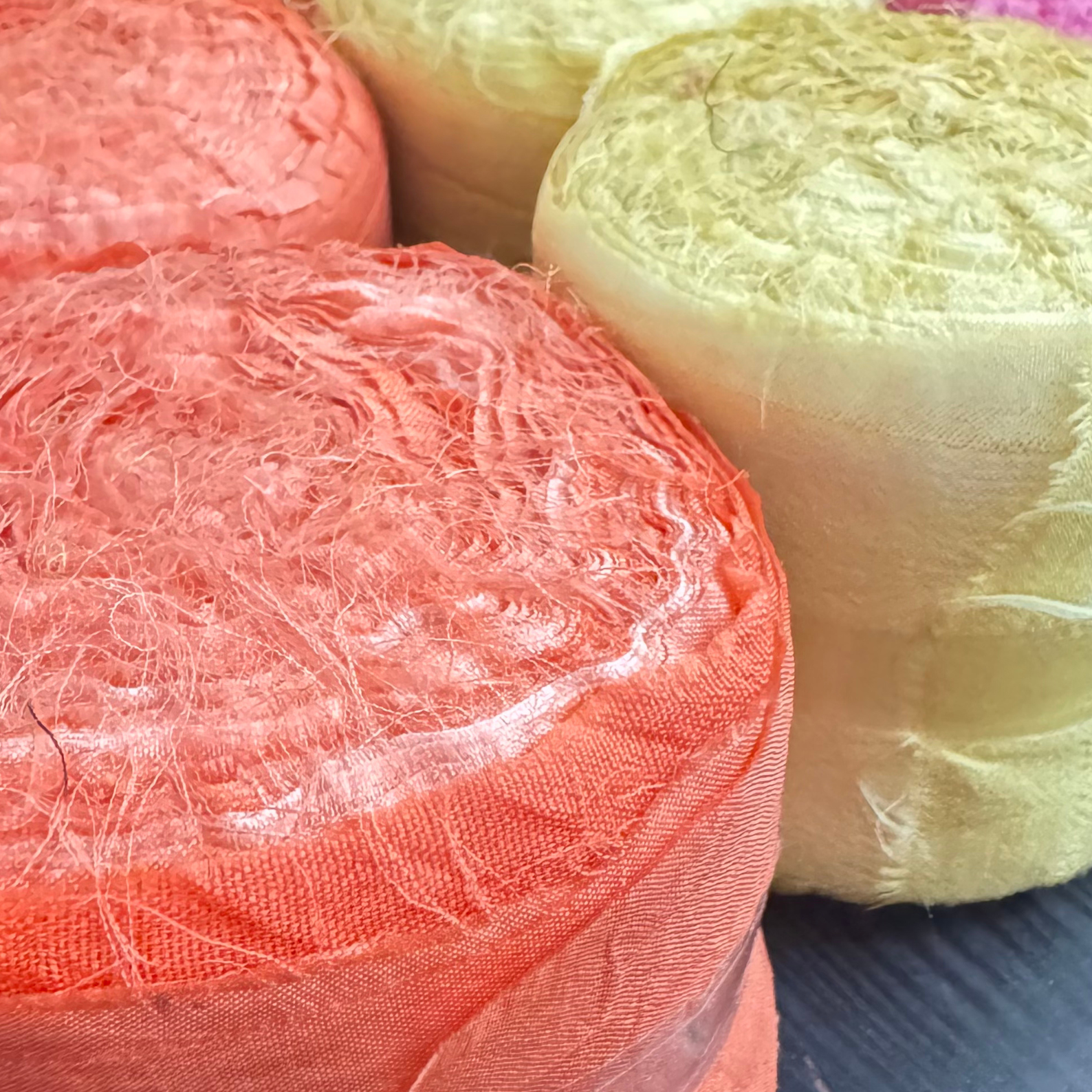 Close up of Silk sari ribbons in different colours 