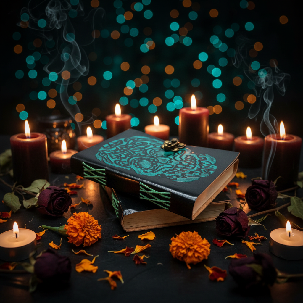 Skull leather journal with teal embossed skull on dark cover and metal clasp