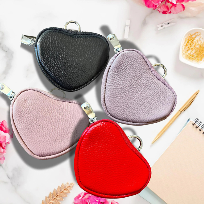 Heart coin purse set in black, blush pink, lavender purple, red with metal keyring clips