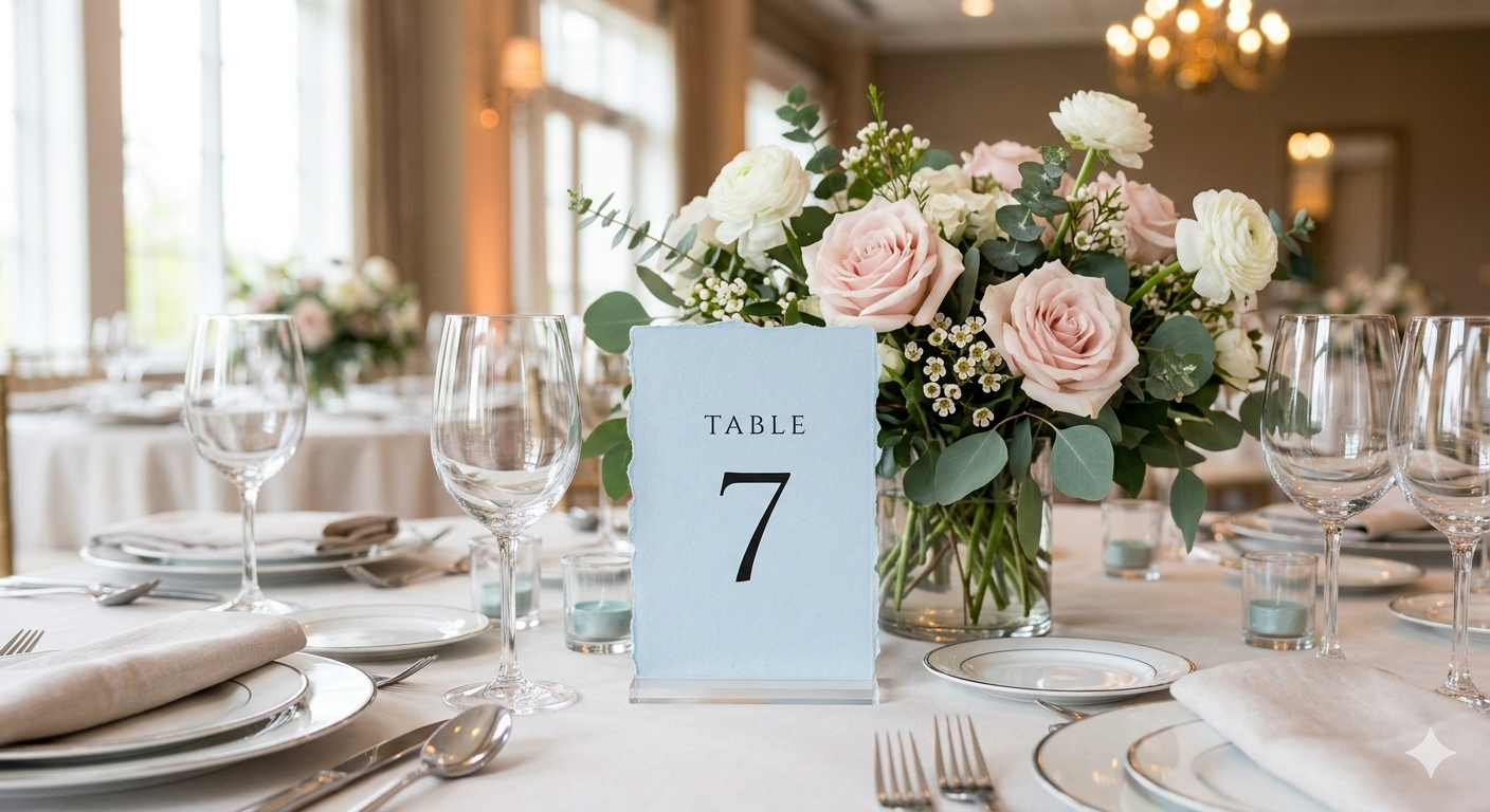 Light blue wedding table number sign card reading "TABLE 7" in black text