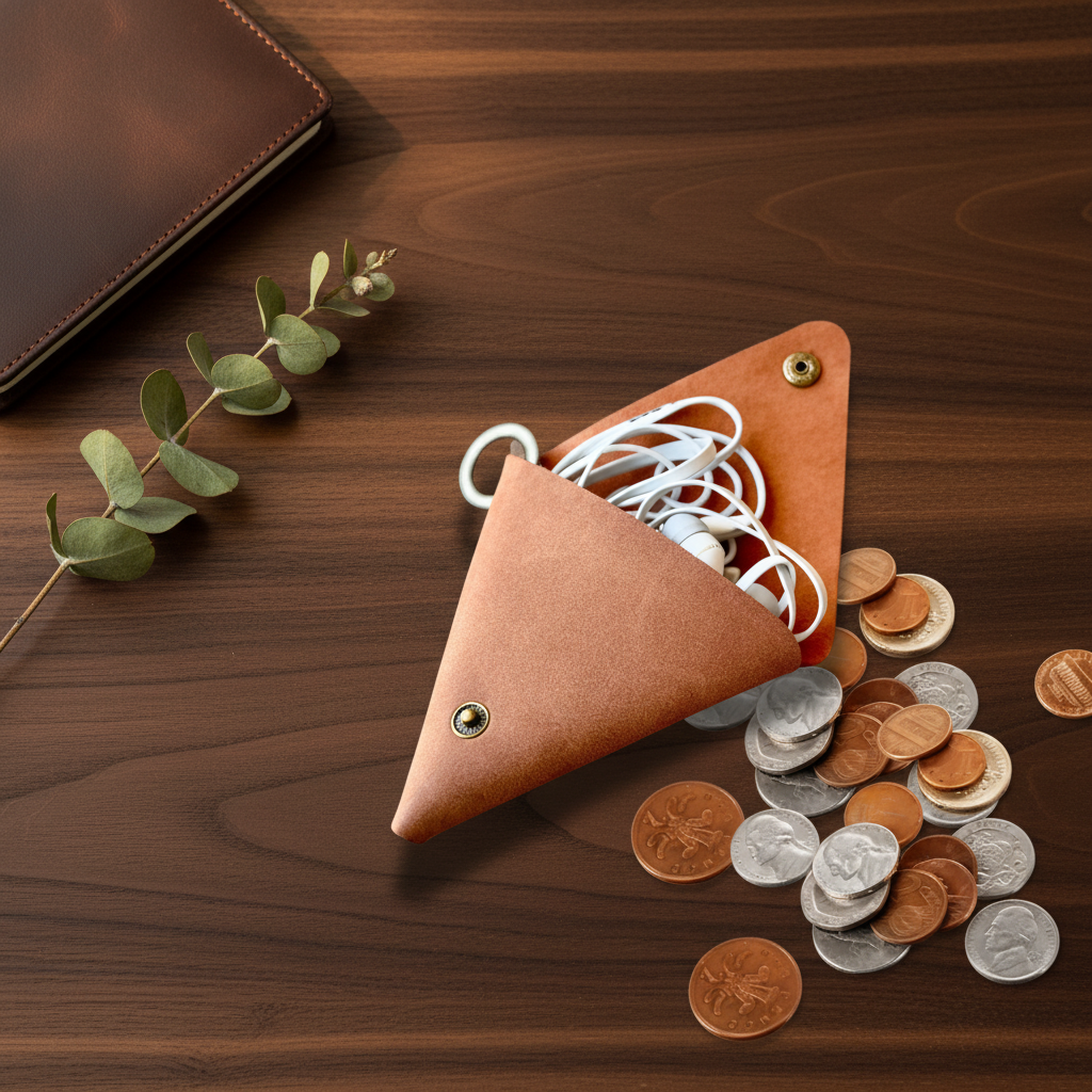 Tan triangle handmade leather coin purse open with white earphones and scattered coins on a dark walnut wood surface, styled with eucalyptus and a leather bound journal — premium leather coin purse Australia by Labcraftboutique