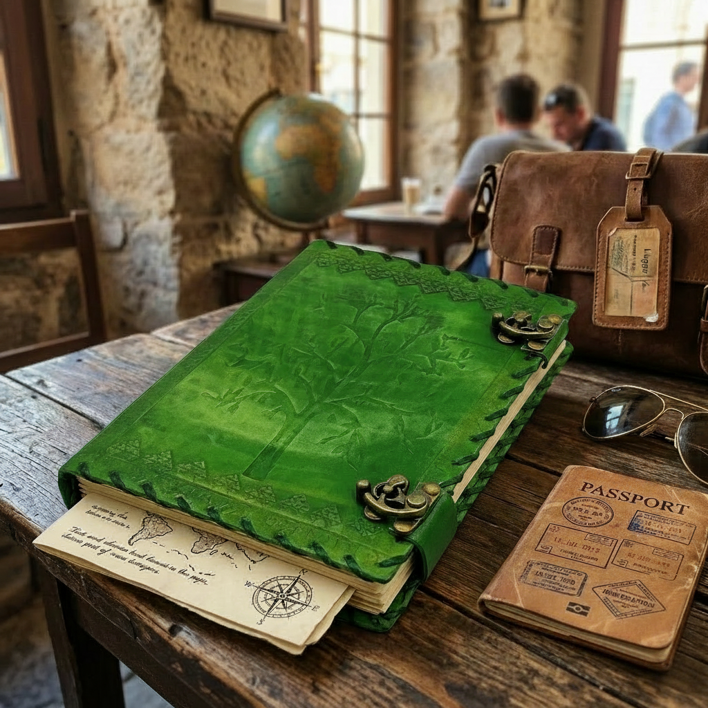 Green leather journal with brass corner clasps and embossed tree of life cover