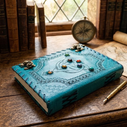 Teal handmade journal with stitched border and Celtic cat face motif on cover