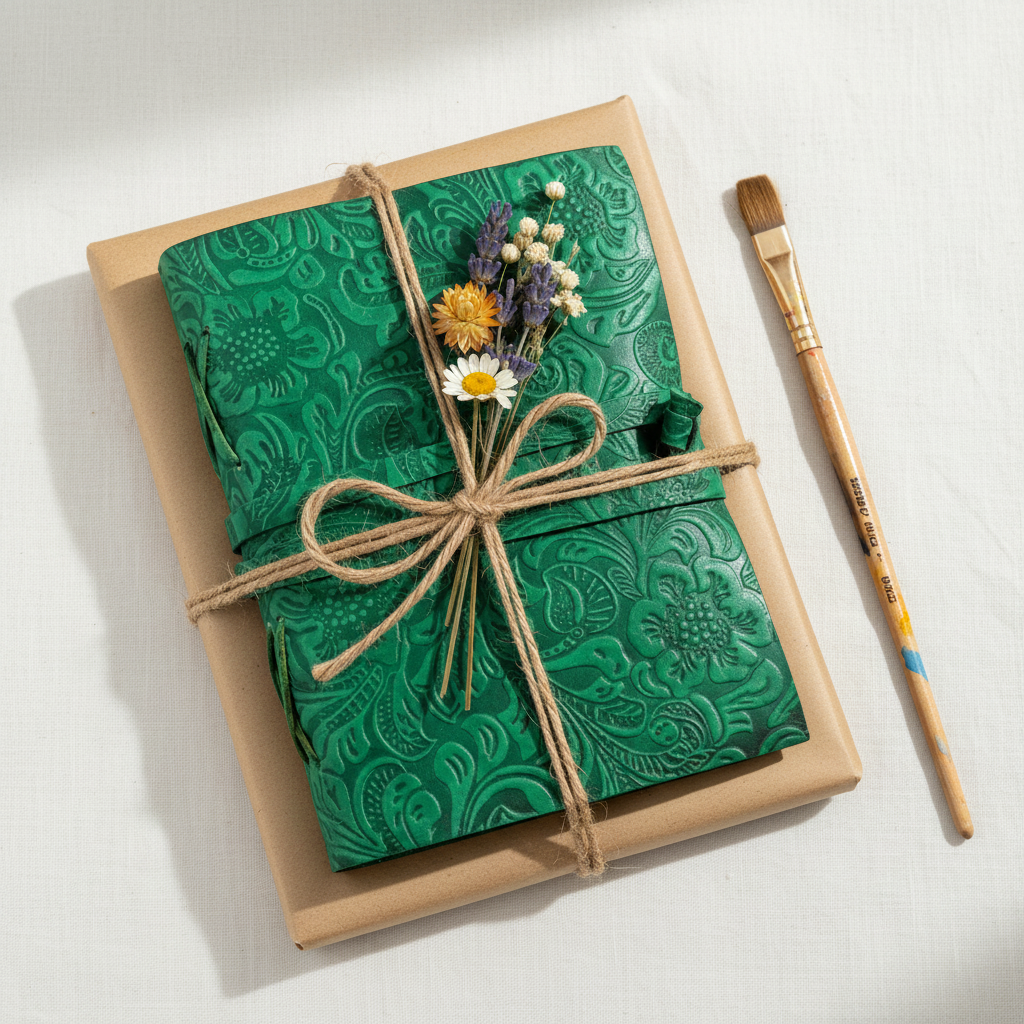 Green embossed leather sketchbook tied with twine and dried flowers