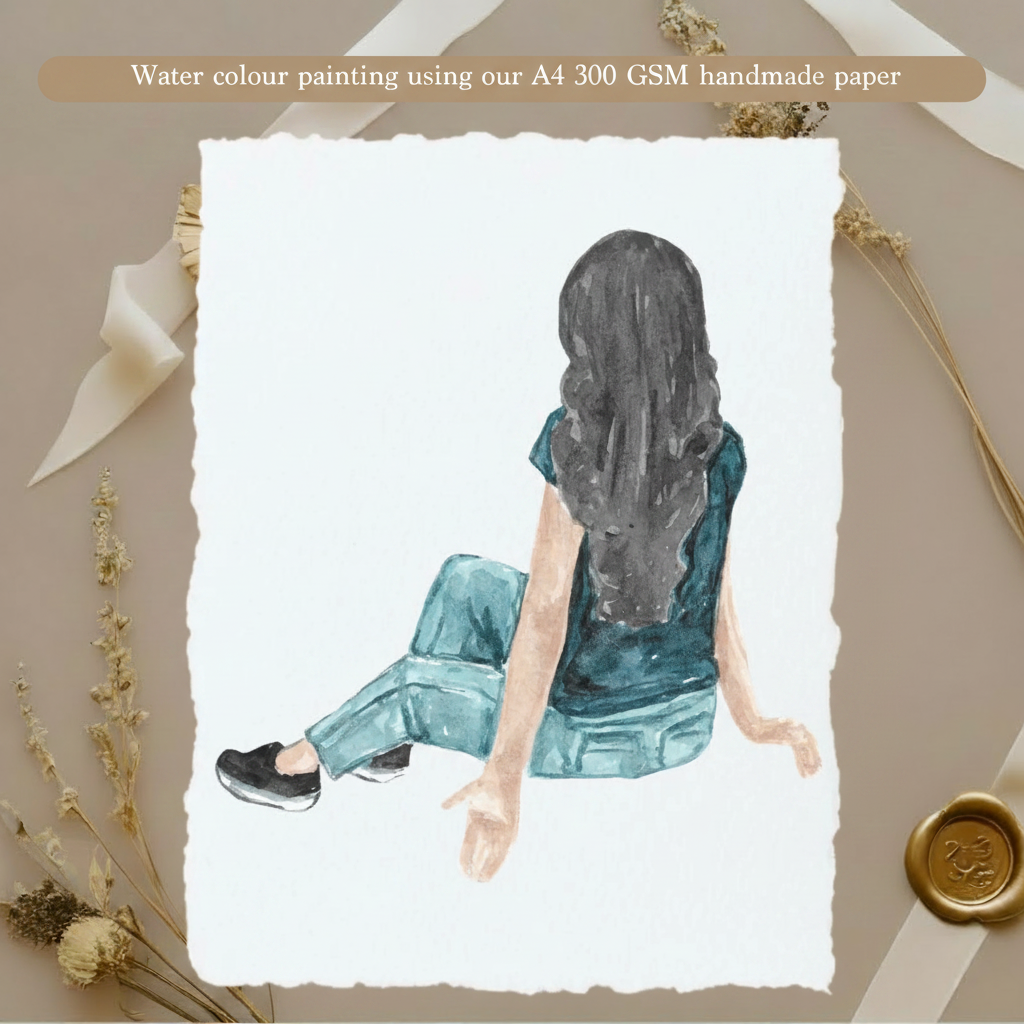Watercolour portrait painting on white A4 300 GSM handmade cotton rag paper with natural deckle edges — thick enough to hold multiple wet washes without warping, ideal for watercolour artists, ships from Melbourne