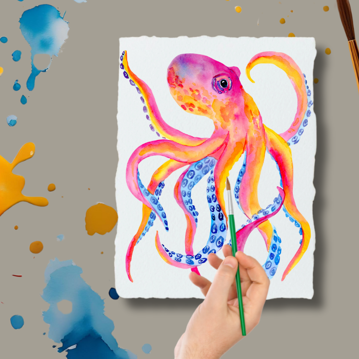 Watercolour paper, 300 GSM A4 handmade cotton, featuring a vibrant octopus painting in progress with a person painting using a brush, accompanied by artistic paint splashes and a brush for visual appeal.