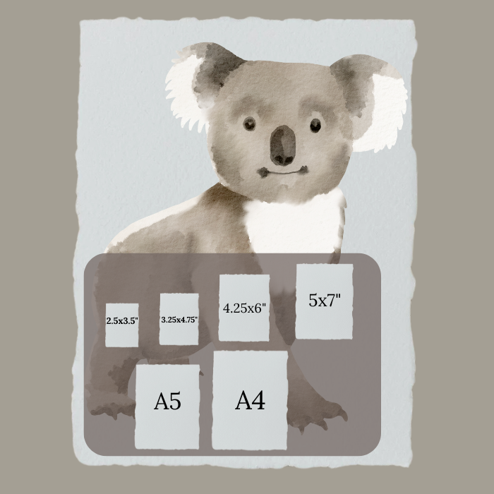 A4 300 GSM handmade cotton watercolour paper featuring a charming watercolor painting of a koala, displayed alongside smaller sheets showing all the sizes included in the sample pack.
