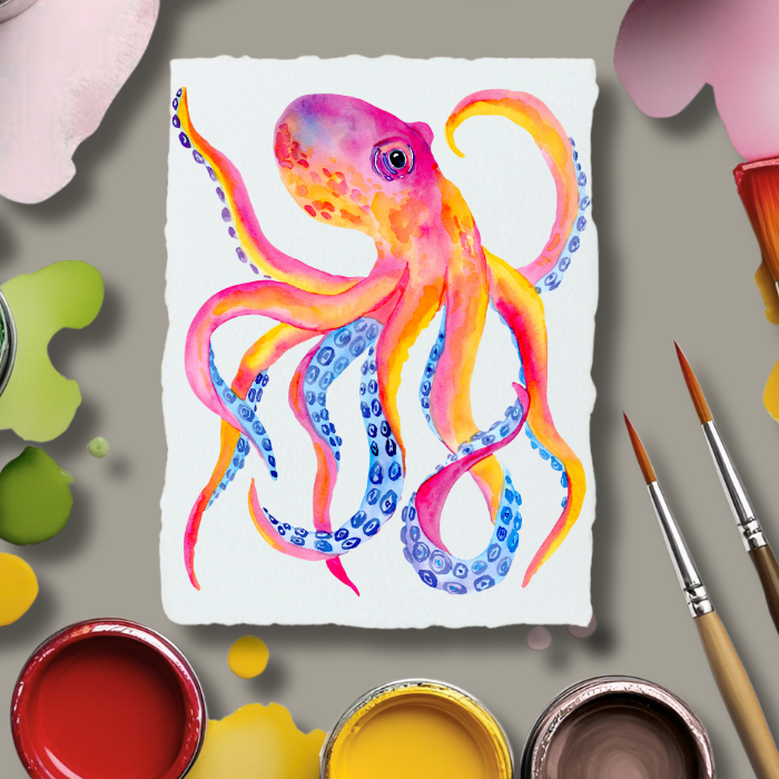 Watercolour paper featuring a vibrant octopus painting on A4 300 GSM handmade cotton, styled with brushes and a paint palette to showcase colour vibrancy, fine detail, and layered effects.