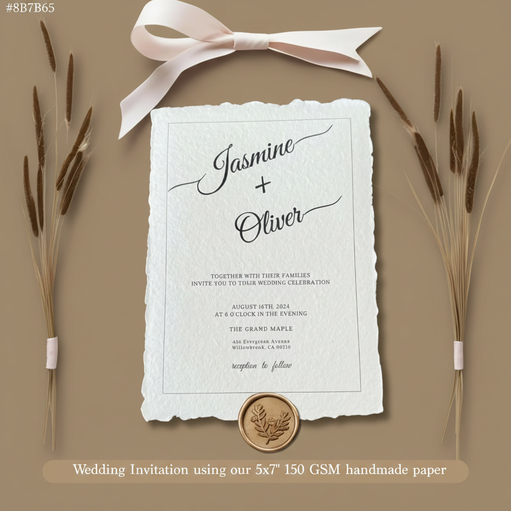 5x7 inch handmade cotton deckle edge paper wedding invitation with Jasmine and Oliver calligraphy, blush satin ribbon bow, gold botanical wax seal and dried pampas grass on warm taupe background