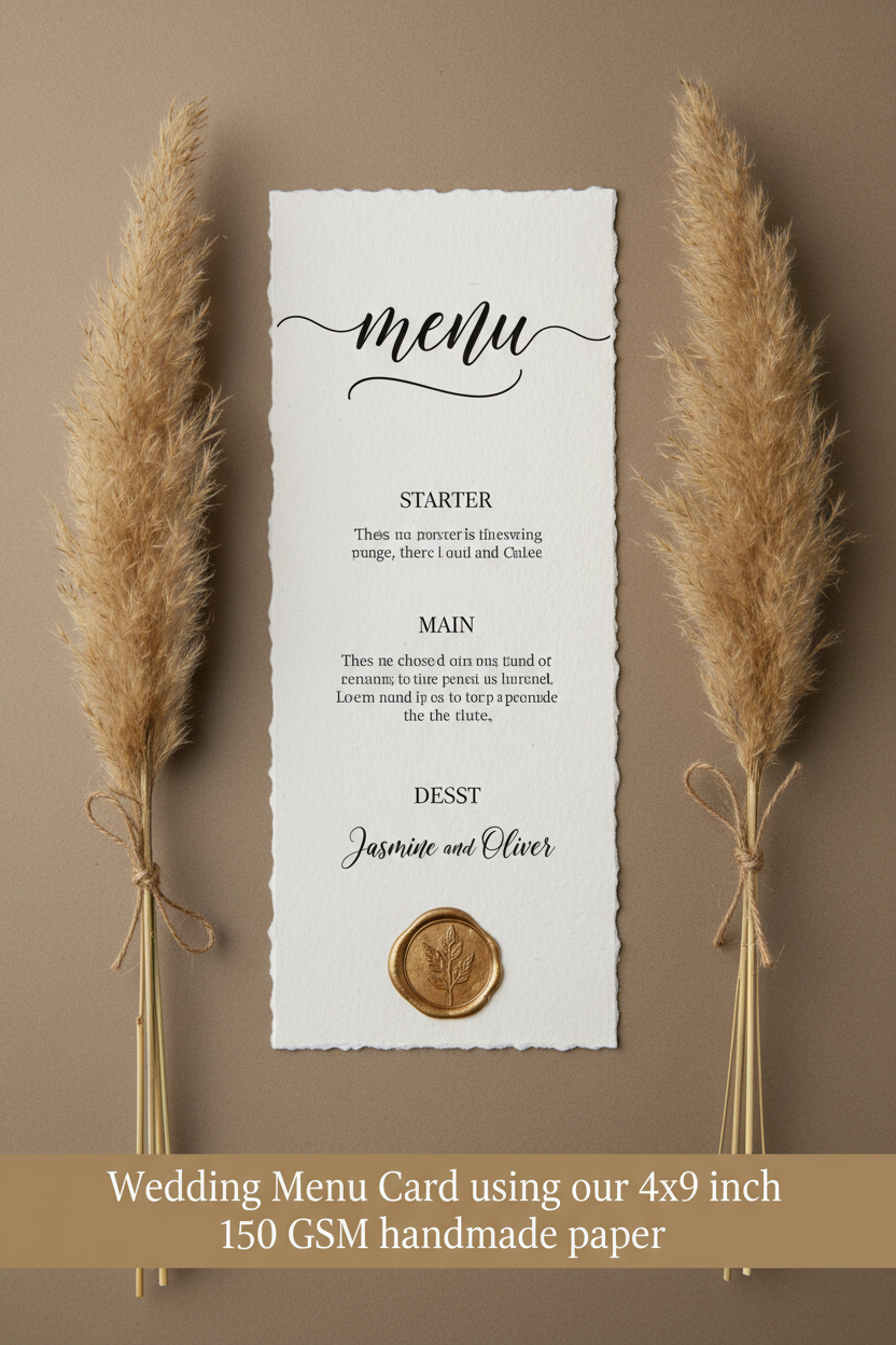 Tall slim 4x9 inch handmade cotton deckle edge paper wedding menu card with calligraphy menu heading, starter main and dessert sections and gold botanical wax seal flanked by dried pampas grass on warm taupe background