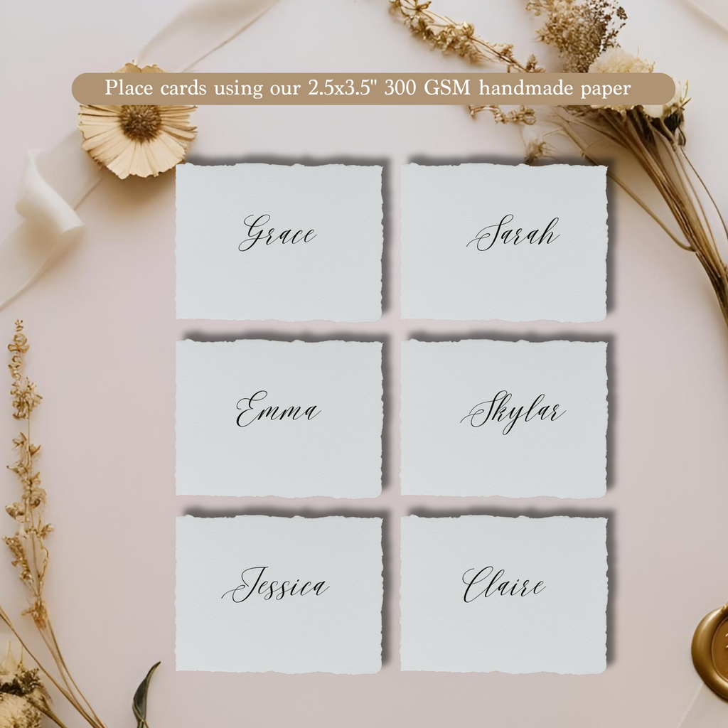 Wedding Place cards in 300 gsm handmade paper on an asthetic background