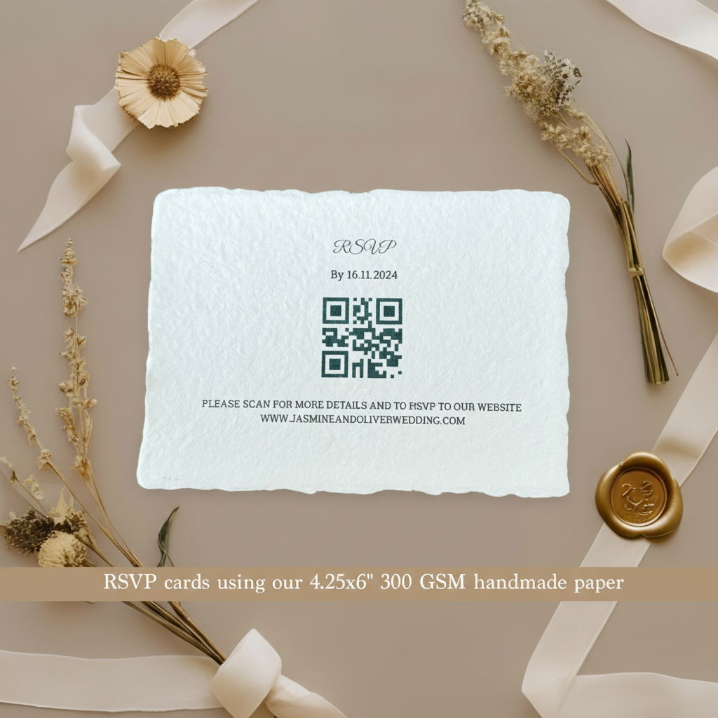 Wedding RSVP card printed on white 300 GSM handmade cotton rag paper 4.25x6 inch with natural deckle edges, styled with dried flowers and gold wax seal on taupe background