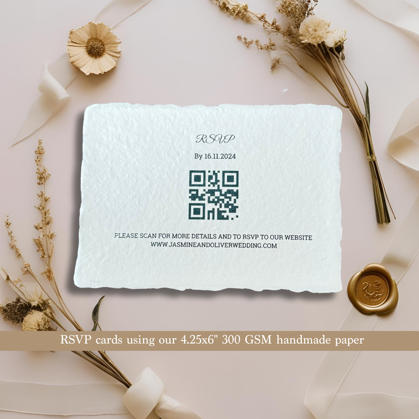 Wedding RSVP cards on 300 gsm handmade paper on an asthetic background
