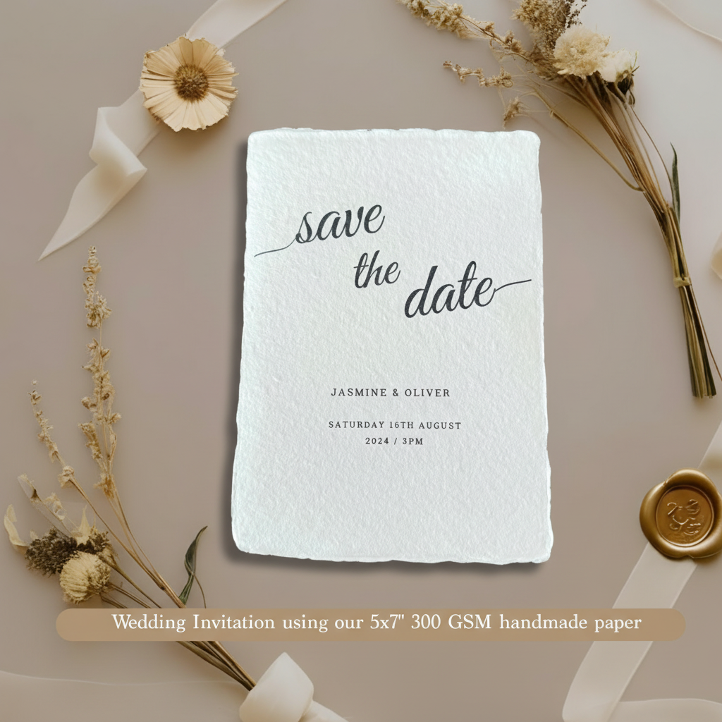Wedding save the date card printed on white 300 GSM handmade cotton rag paper 5x7 inch with natural deckle edges, styled with white satin ribbon, dried flowers and gold botanical wax seal on taupe background