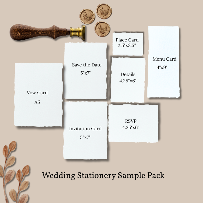 Wedding Stationery Sample Pack in  250 GSM handmade white cotton paper with deckle edges for wedding stationery suite
