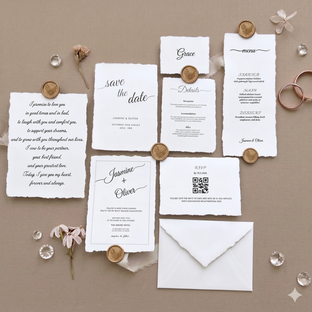 Flat lay of a wedding stationery sample pack on 250 GSM handmade white cotton paper with natural deckle edges, including invitation card, save the date, RSVP card, place cards, menu card and vow card — handmade paper Australia by Labcraftboutique