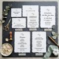 Complete letterpress wedding stationery suite on handmade deckle edge paper — invitation, response card, menu, ceremony program and event itinerary, boutique wedding stationery Australia
