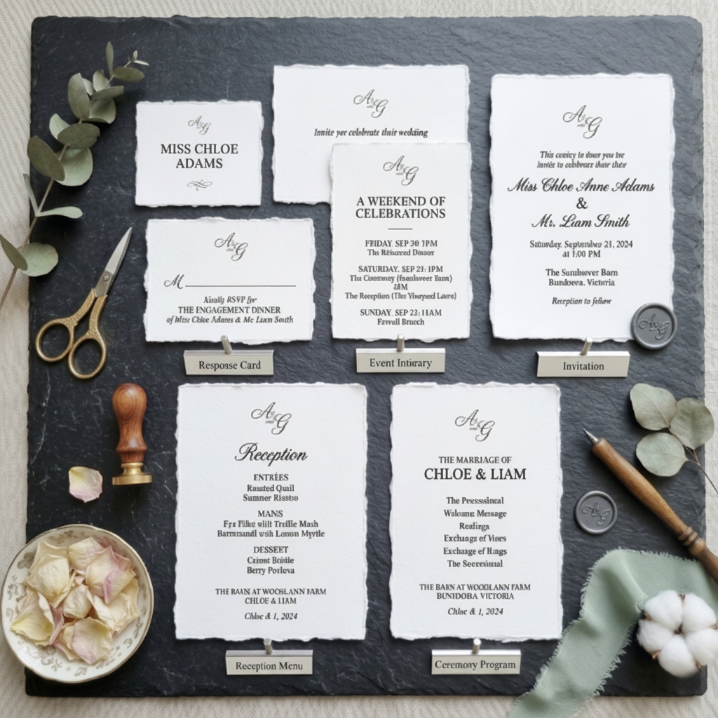 Complete letterpress wedding stationery suite on handmade deckle edge paper — invitation, response card, menu, ceremony program and event itinerary, boutique wedding stationery Australia
