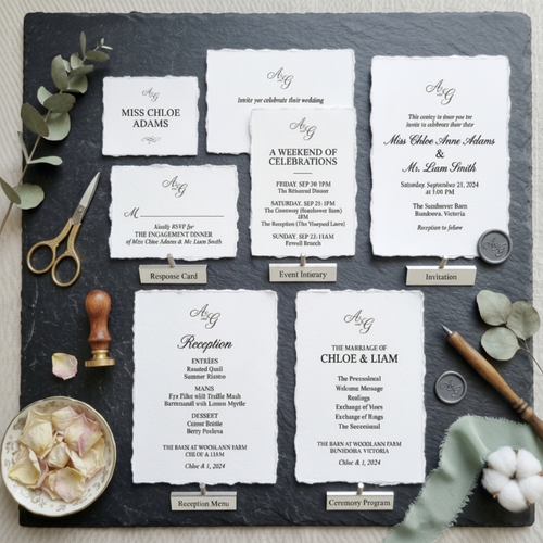 Complete letterpress wedding stationery suite on handmade deckle edge paper — invitation, response card, menu, ceremony program and event itinerary, boutique wedding stationery Australia
