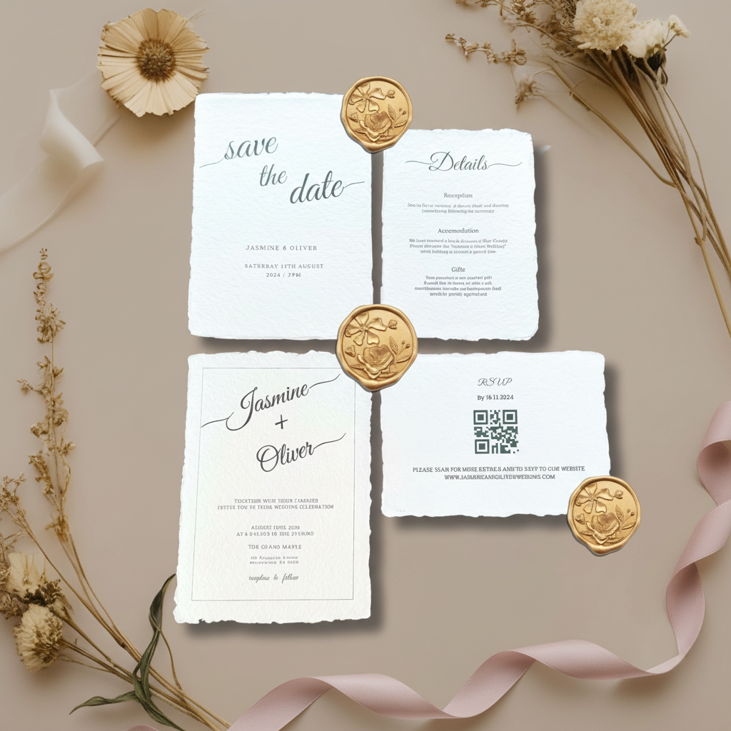 Complete DIY wedding stationery suite including save the date, invitation, details card and RSVP card printed on white 250 GSM handmade cotton rag paper with natural deckle edges, gold botanical wax seals, dried flowers and blush ribbon on taupe background