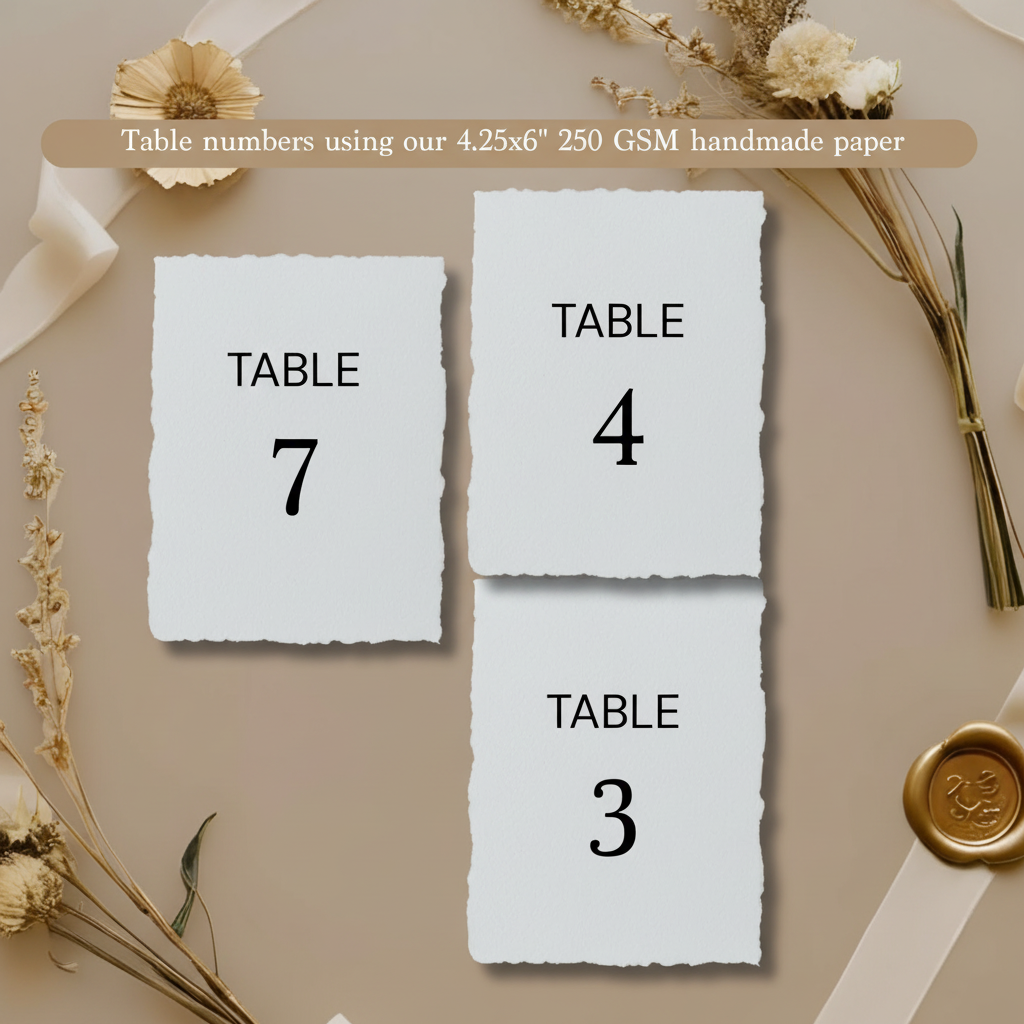 Three wedding table number cards (Table 3, 4 and 7) printed on white 250 GSM handmade cotton rag paper 4.25x6 inch with natural deckle edges, styled with dried flowers, white ribbon and gold wax seal on taupe background