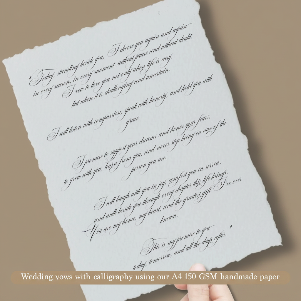 A4 handmade cotton deckle edge paper with elegant black calligraphy wedding vows on warm taupe background