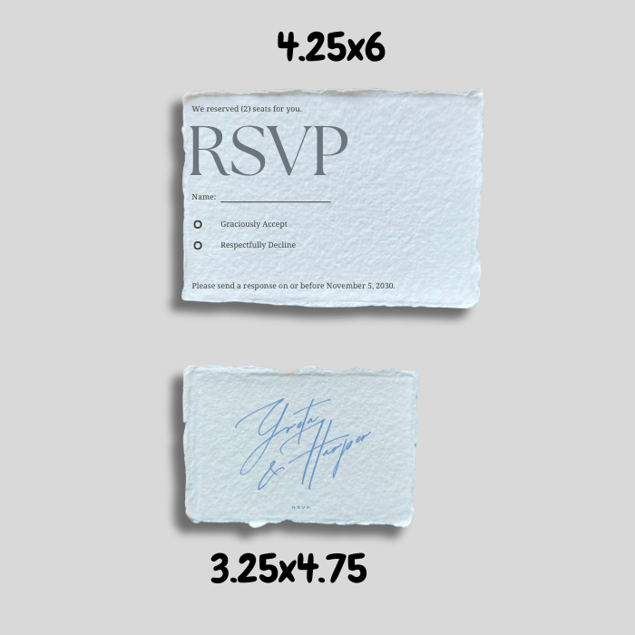 Wedding invitation RSVP available in 2 sizes 4.25x6 and 3.25x4.75 inches.