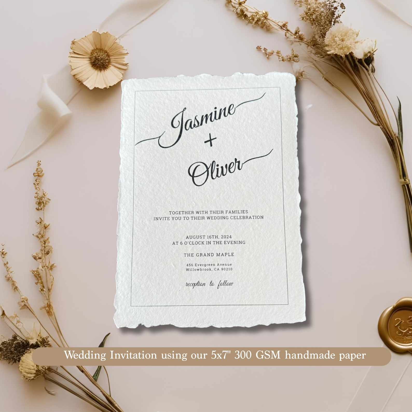 Wedding invitation in 300 gsm handmade paper on an asthetic background