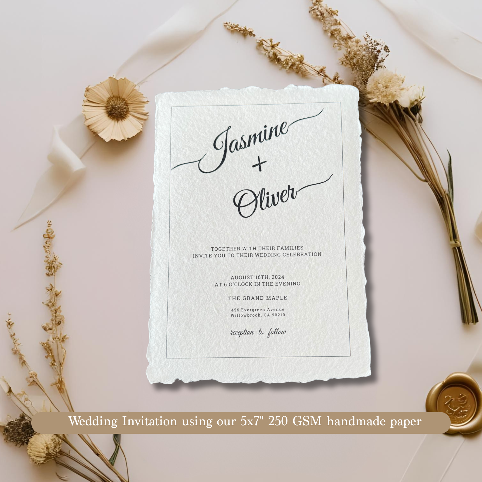 Wedding invitation on 250 gsm handmade paper on an asthetic background
