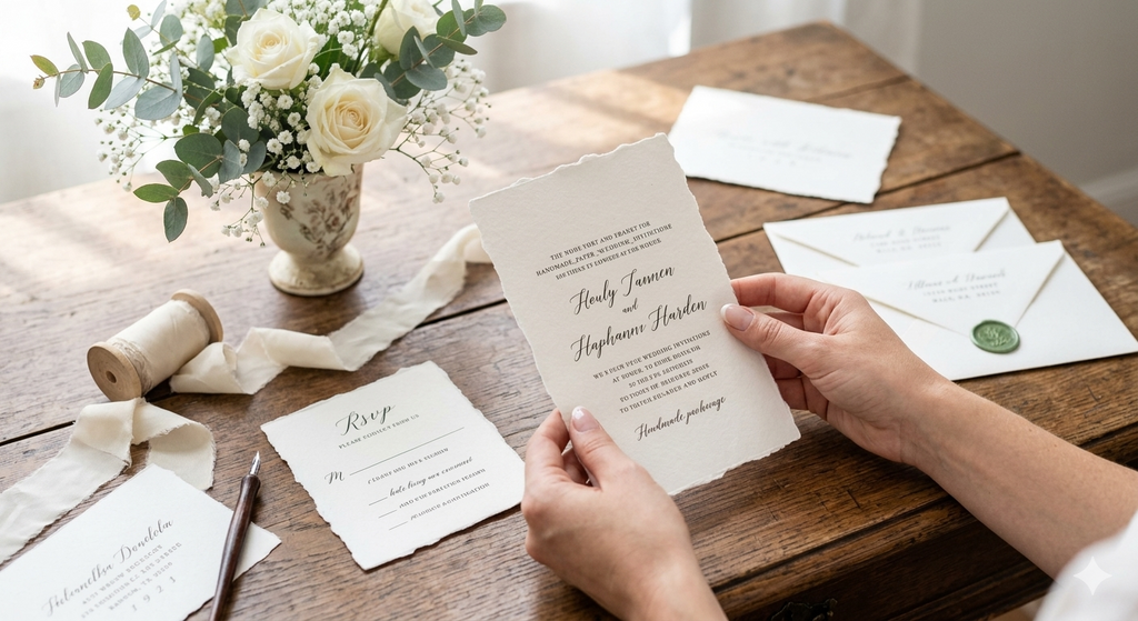 Hands holding a handmade deckle edge wedding invitation with elegant calligraphy script, surrounded by RSVP cards, envelopes with a wax seal, ribbon, and white roses on a rustic wooden table