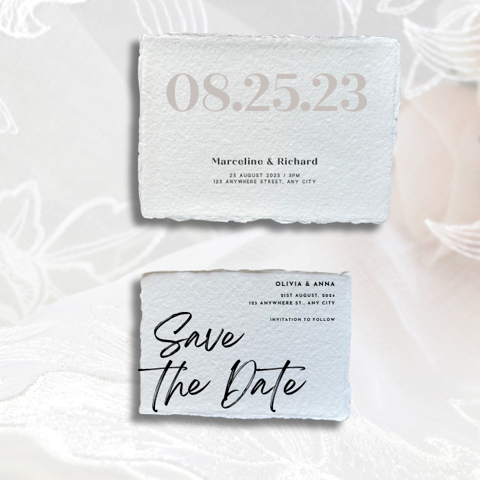 Blue save-the-date card with date '08.25.23' and Marcelline & Richard details