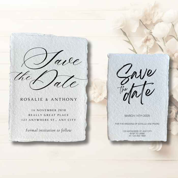 Blue save-the-date cards with 'Save the Date' script and Rosalie & Anthony details