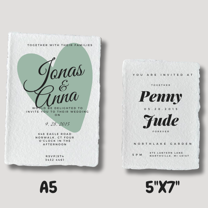 Wedding stationery handmade paper available in 250 gsm in sizes A5 and 5x7 inches.