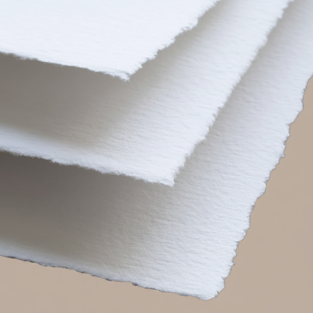 Close up of white handmade cotton deckle edge paper sheets showing rough irregular torn edges and natural cotton fibre texture on warm taupe background