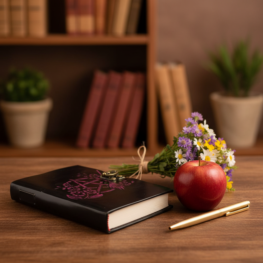 Dark leather journal with purple Celtic knot cover, beside pen and apple