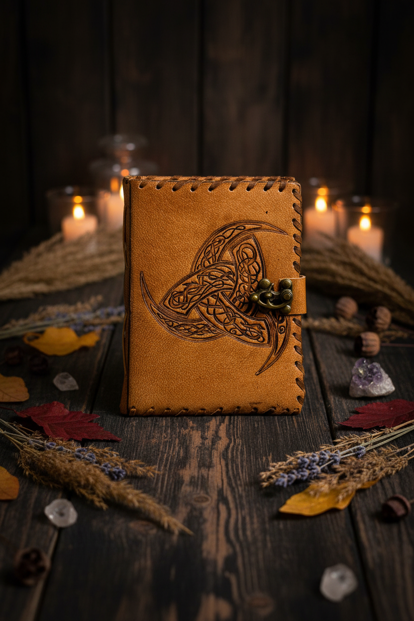Celtic leather journal upright, embossed knot design and metal button clasp, brown