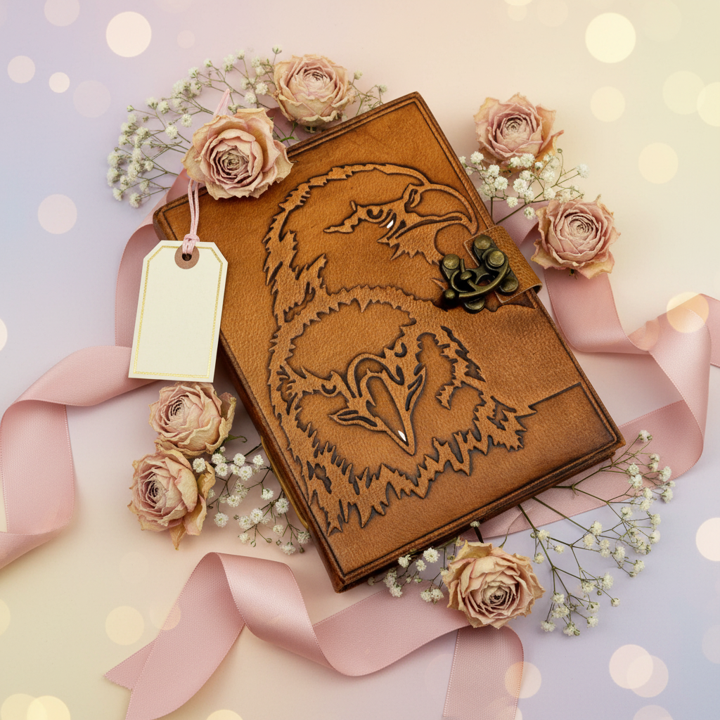 Brown leather-look journal with embroidered eagle and metal clasp, with hanging gift tag