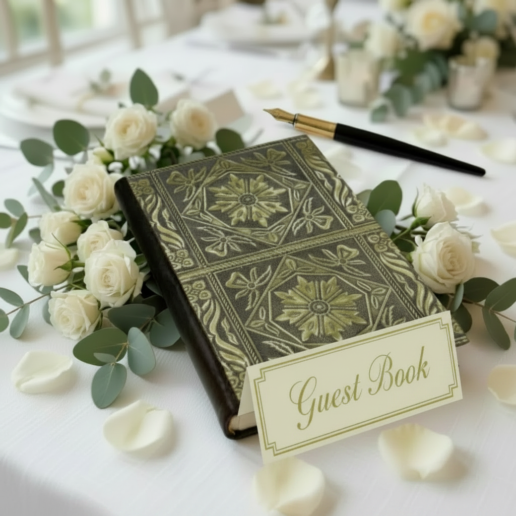Wedding guest book with dark cover and ornate gold floral border pattern, hardbound.