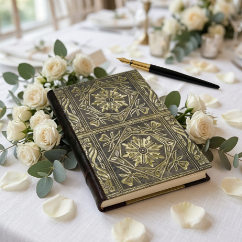 Decorative notebook with floral design on a table with white roses and greenery