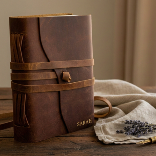 Handmade leather journal with double wrap band and gold embossed name — personalised leather journal Australia, Valentine's Day gift