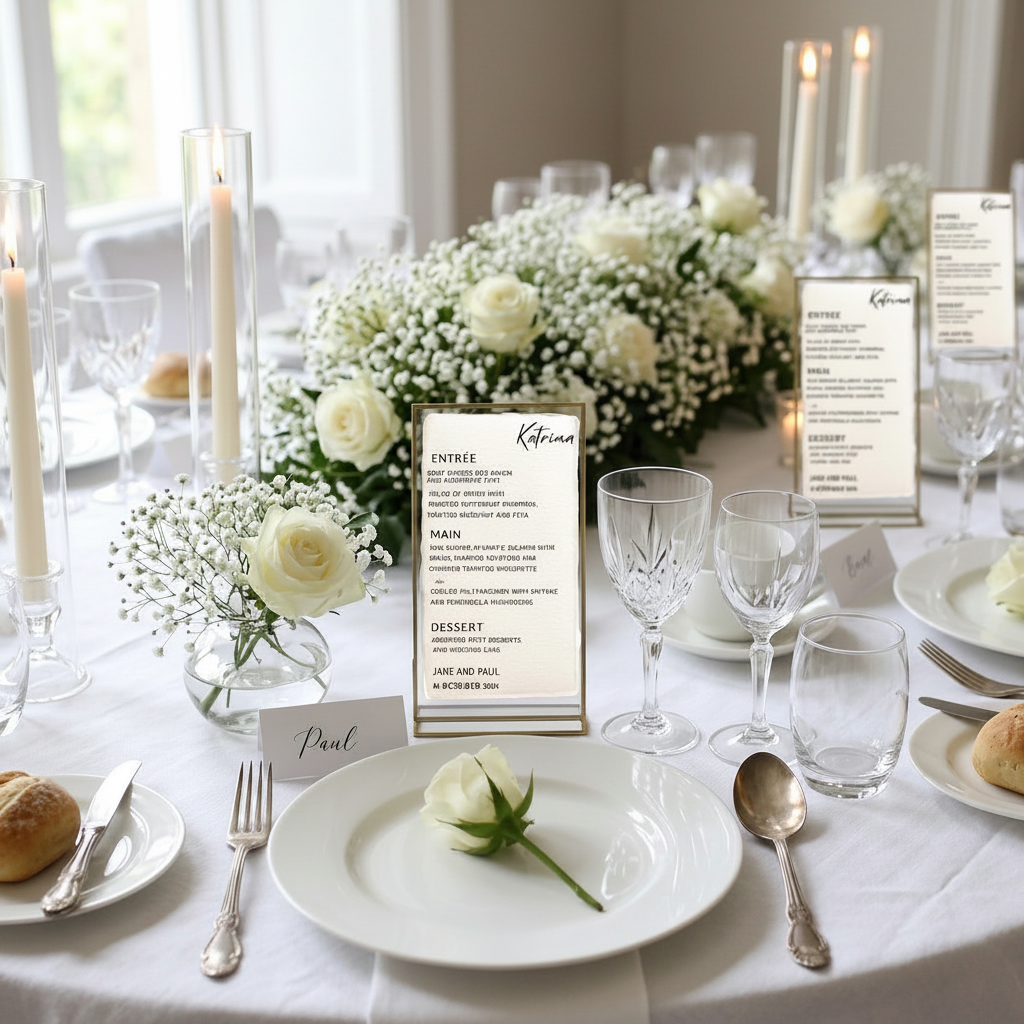 Wedding menu cards on table, off-white cards with printed entree, main, dessert sections