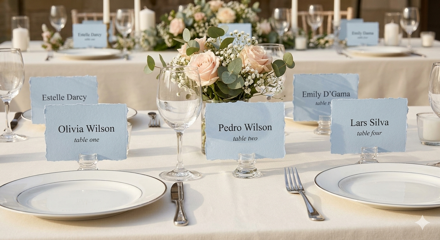Blue place cards with printed names and table numbers