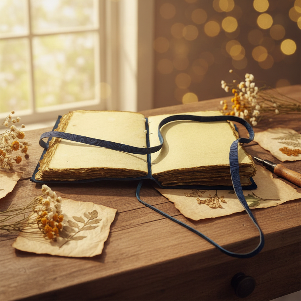 Harper Artist sketchbook: open pages with navy ribbon ties and embossed cover