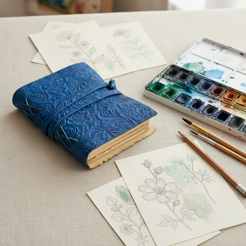 Harper Artist sketchbook: blue embossed cover with ribbon tie, closed