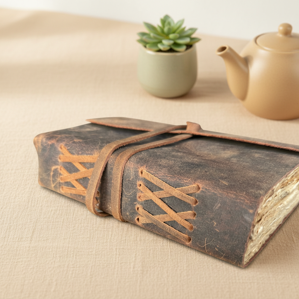 Dark brown leather sketchbook with crisscross lace design on front cover edge