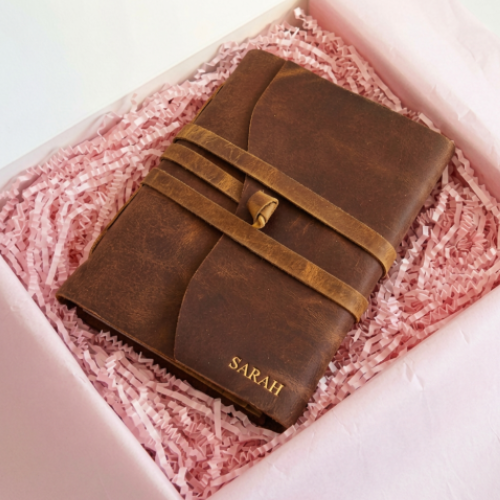 Personalised leather journal in gift box with gold embossed name and wrap strap — gift for her, anniversary gift, leather journal Australia. 