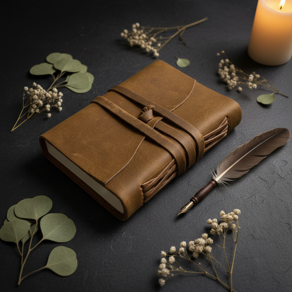 Leather journal on dark slate with botanicals